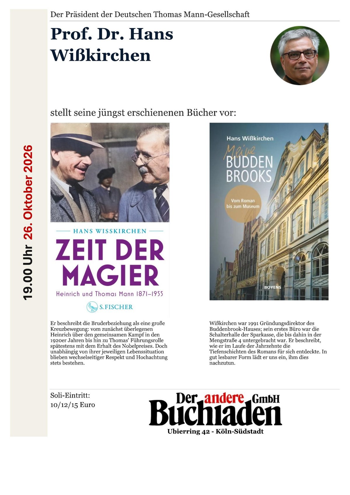 Plakat zur Lesung von Prof. Dr. Hans Wißkirchen am 26. Oktober 2026 um 19.00 Uhr in Der andere Buchladen, Ubierring 42, Köln-Südstadt